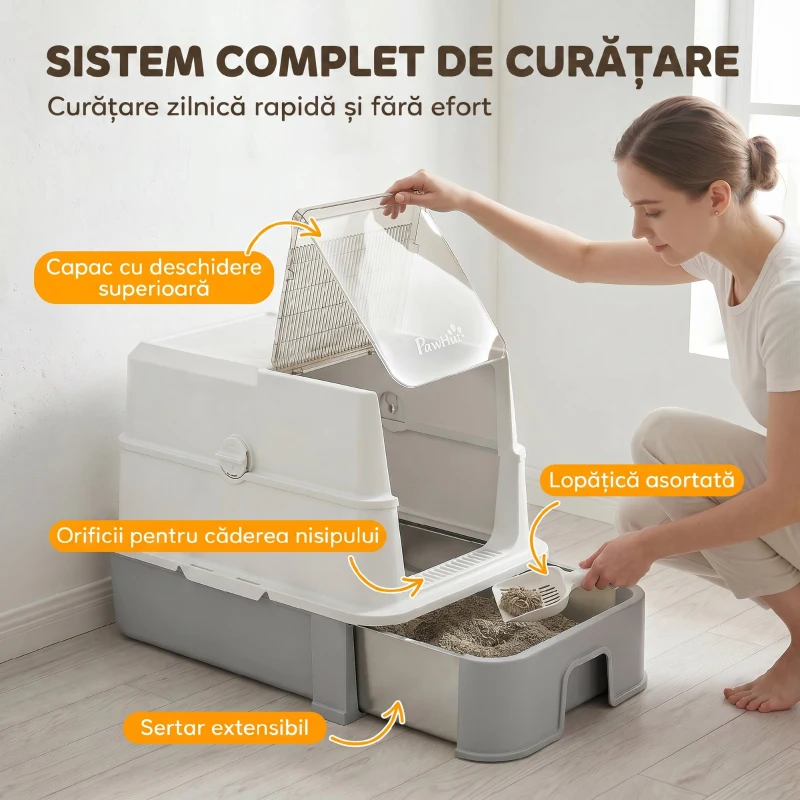 PawHut Litieră Acoperită 3 în 1 pentru Pisici, 68 L, cu Capac, Tavă Detașabilă din Oțel Inoxidabil, Lopățică, Alb și Gri