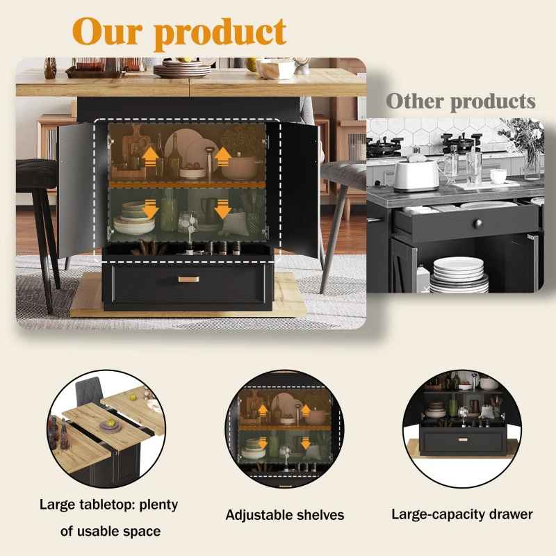 Lockable Telescopic Kitchen Table with Wood‑Grain High‑Density MDF Top, Extendable Dining Table with Concealed Storage, 110L x 80W x 75H cm, Black