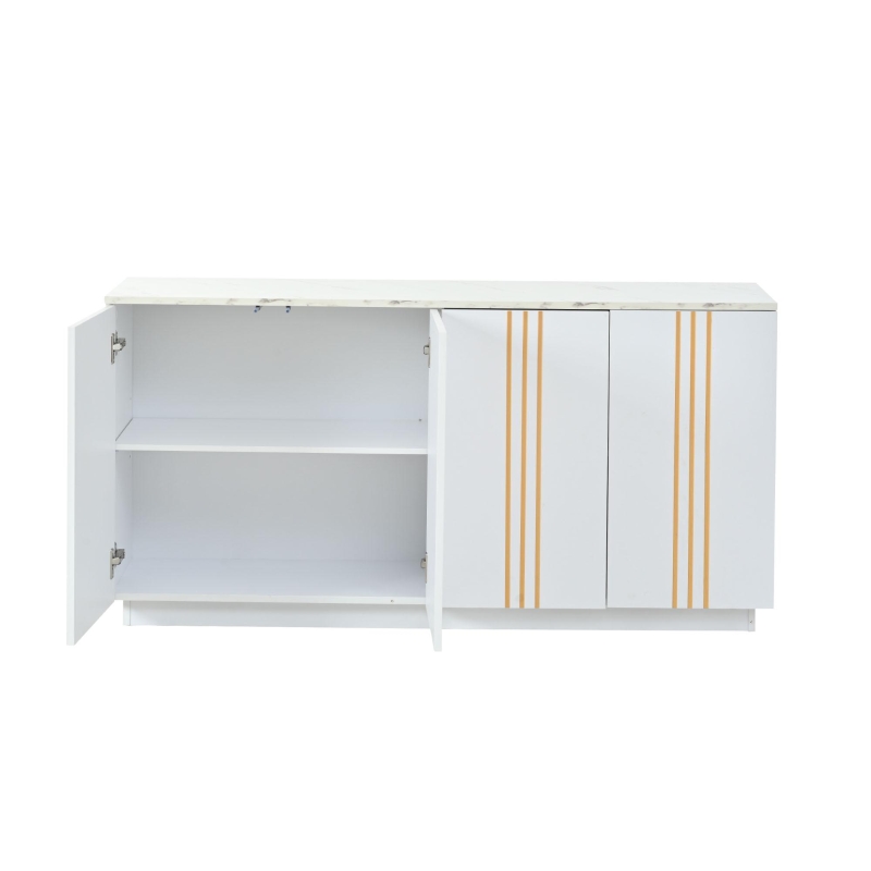 Living Room Sideboard with Elegant Metallic Vertical Lines, Freestanding Storage Cabinet with 4 Doors, 140L x 35W x 70H cm, White