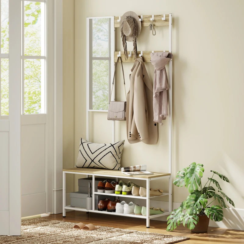 HOMCOM Perchero Zapatero con Espejo 3 Estantes Banco 10 Ganchos Ajustables Estilo Moderno para Pasillo 98x34x186 cm Natural
