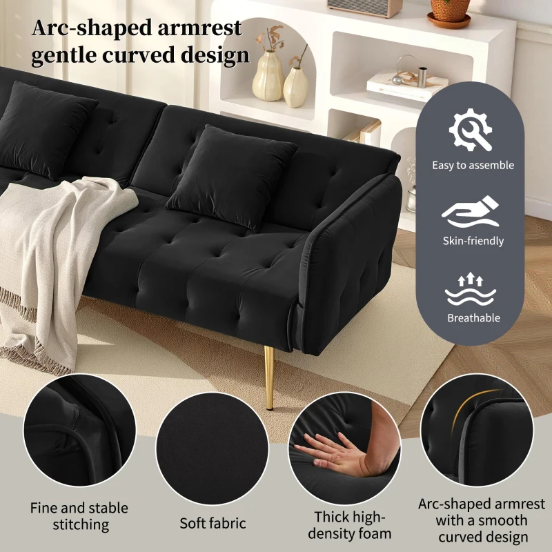 2-Seater Sofa Bed with Independently Adjustable Backrests, Space-Saving Folding Sofa with Multi-Position Armrests, 178L x 82W x 70H cm, Black