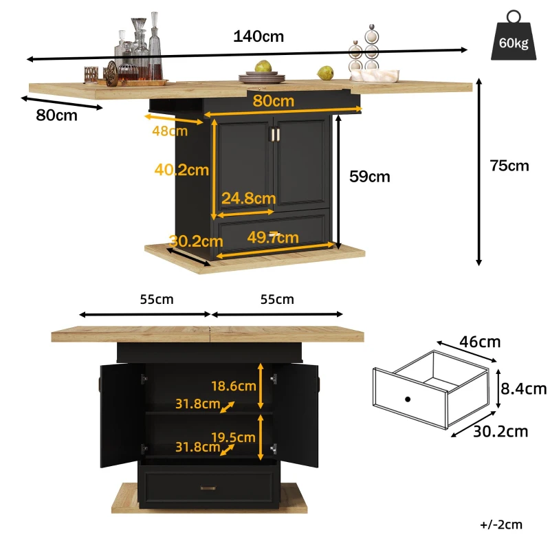 Lockable Telescopic Kitchen Table with Wood‑Grain High‑Density MDF Top, Extendable Dining Table with Concealed Storage, 110L x 80W x 75H cm, Black