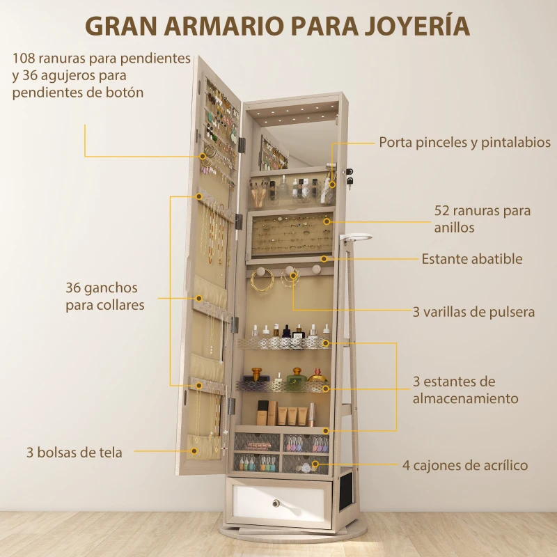 HOMCOM Espejo Joyero con Luces LED Armario Joyero con Espejo Entero Giratorio de 360° Cajón Cerradura Natural