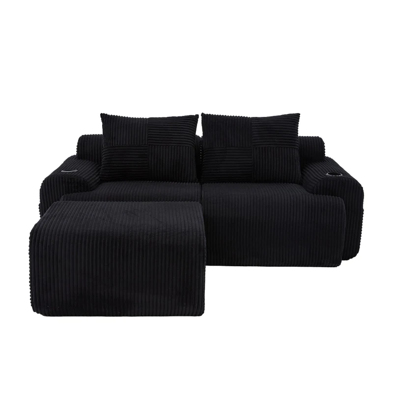 Modular 2-Seater Sofa with Foam-Filled Plush Seats, Black Corduroy Couch with Built-In Cup Holder, 200L x 174W x 80H cm, Black