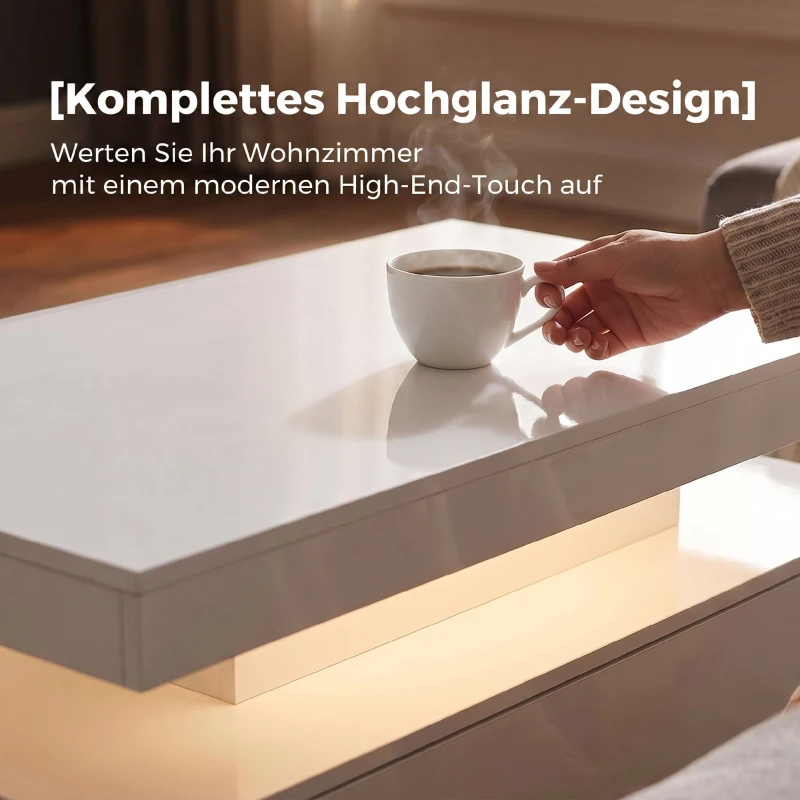 HOMCOM LED Couchtisch mit Stauraum, Moderner 2-Ebenen Wohnzimmertisch mit 2 Schubladen, Hochglanz Weiß