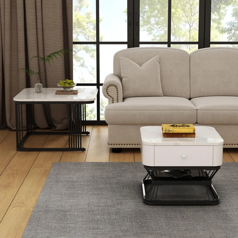 Nesting Coffee Table Set with Open Storage Shelf, Space-Saving Center Table Set with MDF Tops, 70L x 70W x 45H cm, White+Black