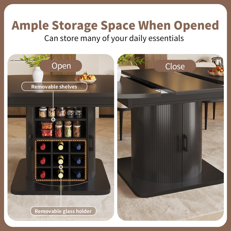 Extendable Dining Table with Hidden Storage and Wine Rack, Multifunctional Folding Table with Removable Shelves, 118L x 118W x 76H cm, Black