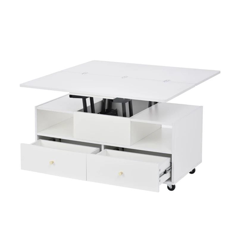 Extendable Lift-Top Coffee Table with Two Lift-Up Tabletops and Castors, Space-Saving Dining Table with four drawers, 100L x 50W x 47.5H cm, White