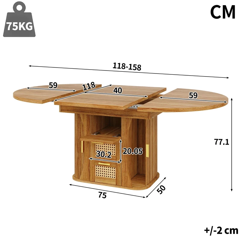 Extendable Dining Table with Sturdy Metal Frame, Space-Saving Center Table with Pull-Out Rattan-Effect Drawers, 118L x 118W x 77H cm, Brown