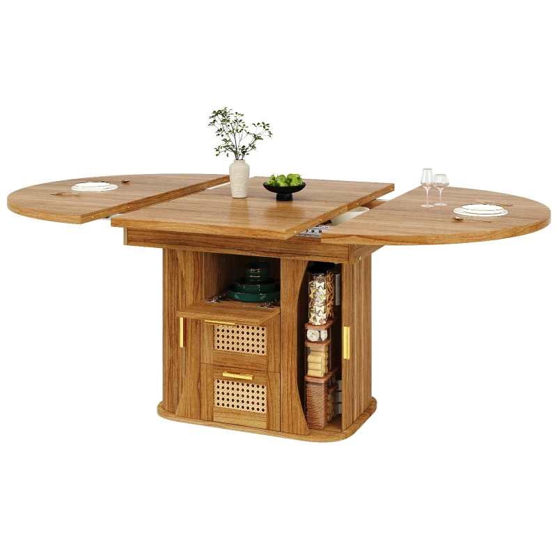 Extendable Dining Table with Sturdy Metal Frame, Space-Saving Center Table with Pull-Out Rattan-Effect Drawers, 118L x 118W x 77H cm, Brown