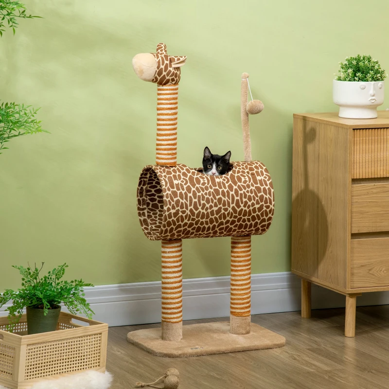 PawHut Drapak 101 cm wieża dla kota w kształcie żyrafy, z jaskinią, piłeczką, słupkami z juty dla średnich kotów do 5 kg