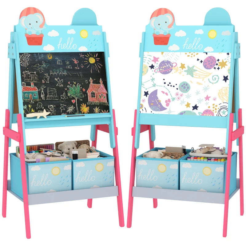 AIYAPLAY Pizarra Infantil de Doble Cara con 2 Cajas de Tela Caballete de Pintura para Niños con Estampado de Animales Azul