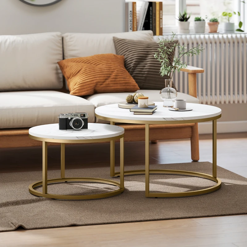 HOMCOM 2er-Set runde Couchtische, stapelbare Beistelltische mit Metallrahmen, Wohnzimmertisch in Marmoroptik, Kaffeetisch, Grau