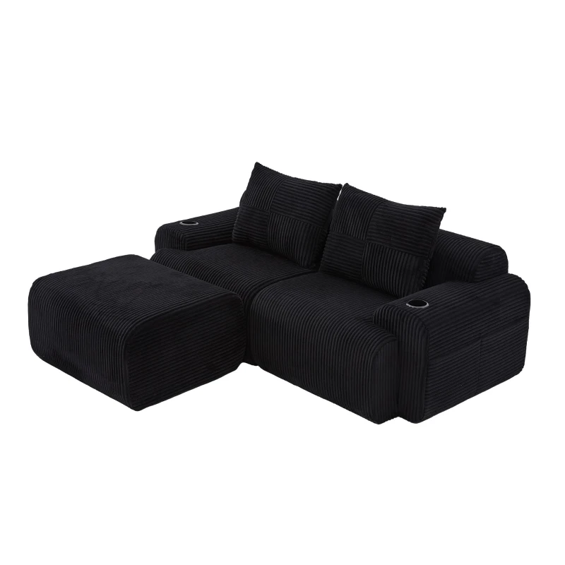 Modular 2-Seater Sofa with Foam-Filled Plush Seats, Black Corduroy Couch with Built-In Cup Holder, 200L x 174W x 80H cm, Black