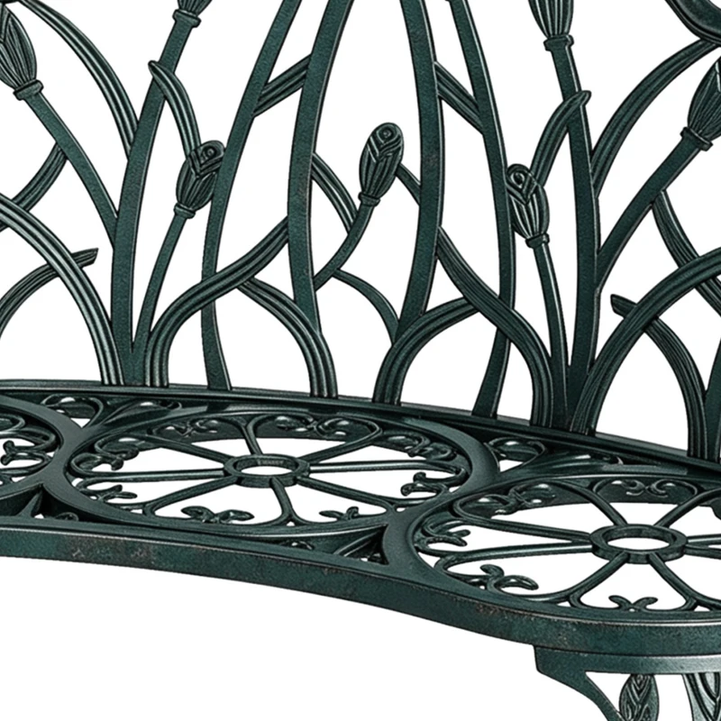 Outsunny Banc de jardin en aluminium moulé, banc extérieur 2 places avec dossier tulipe, assise florale, 99x57x78cm, vert antique