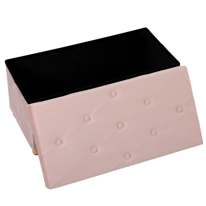 HOMCOM Velvet Upholstered Foldable Ottoman Footrest, Storage Ottoman Bench with Wood Legs for Living Room, Pink