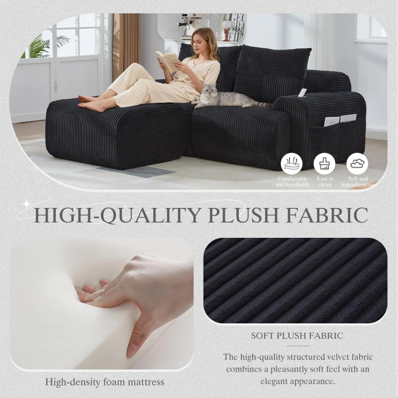 Modular 2-Seater Sofa with Foam-Filled Plush Seats, Black Corduroy Couch with Built-In Cup Holder, 200L x 174W x 80H cm, Black