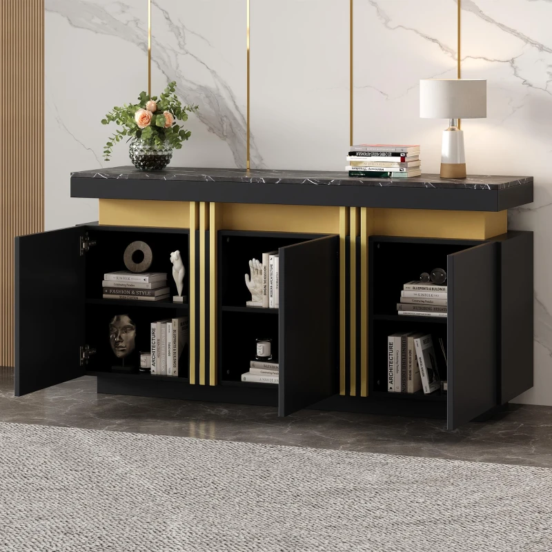 Modern Sideboard with Faux Marble Top and Anti-Tip Fixings, Luxury Storage Unit with Adjustable Shelves, 140L x 38W x 70H cm, Black
