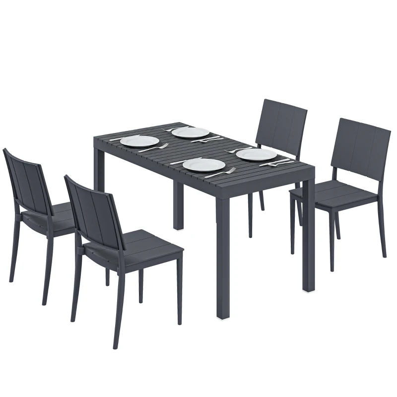 Outsunny Gartenmöbel Set Sitzgruppe 5-teilig Breiter Tisch mit 4 Stapelstühlen Lamelldesign für 4 Personen Dunkelgrau