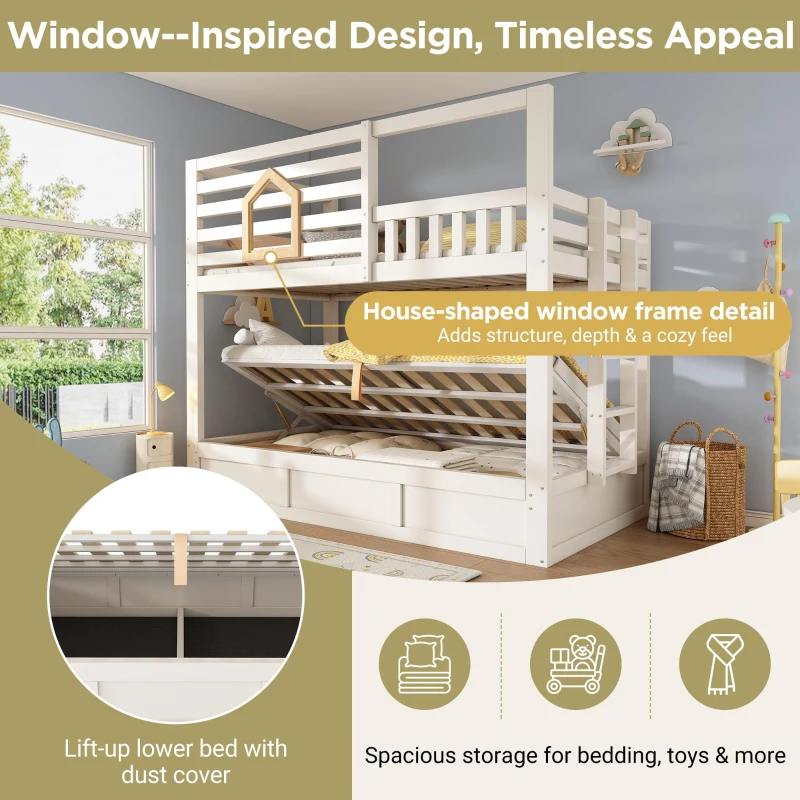 Children's Cabin Bunk Bed with Hydraulic Underbed Storage, Space‑Saving Bed Frame with Integrated Ladder, 200L x 102W x 184H cm, White