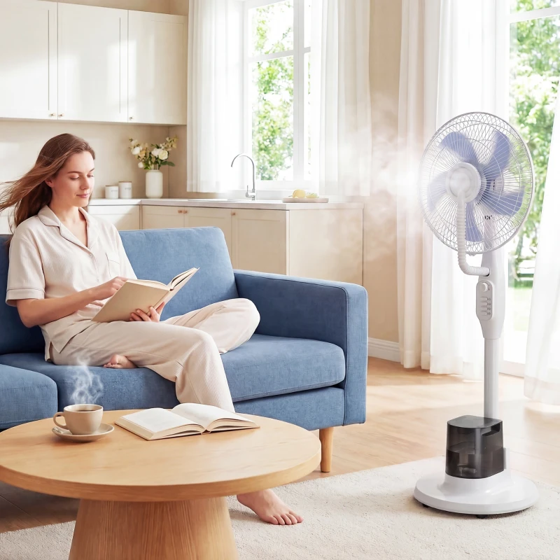 HOMCOM Ventilador Nebulizador 90W Oscilación de 70° 3 Velocidades 5 Aspas Depósito de Agua de 3,5L 5 Ruedas Blanco