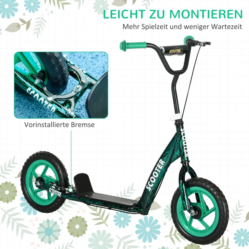 AIYAPLAY Kinderroller, höhenverstellbarer Tretroller für Kinder, mit Bremse, Ständer, 2 Räder, Stahl, Grün