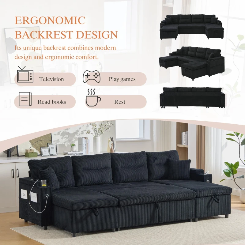Contemporary 4-Seater Sofa with 2 Chaise Longues, Ribbed Corduroy Couch with Built-In Cup Holders, 272L x 136W x 86H cm, Black