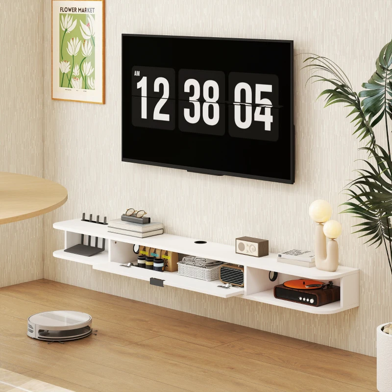 HOMCOM Wand-TV-Möbel, TV-Bank für Fernseher bis 190,5 cm, Klappschublade, 2 Regale, 180x24x16cm, Weiß