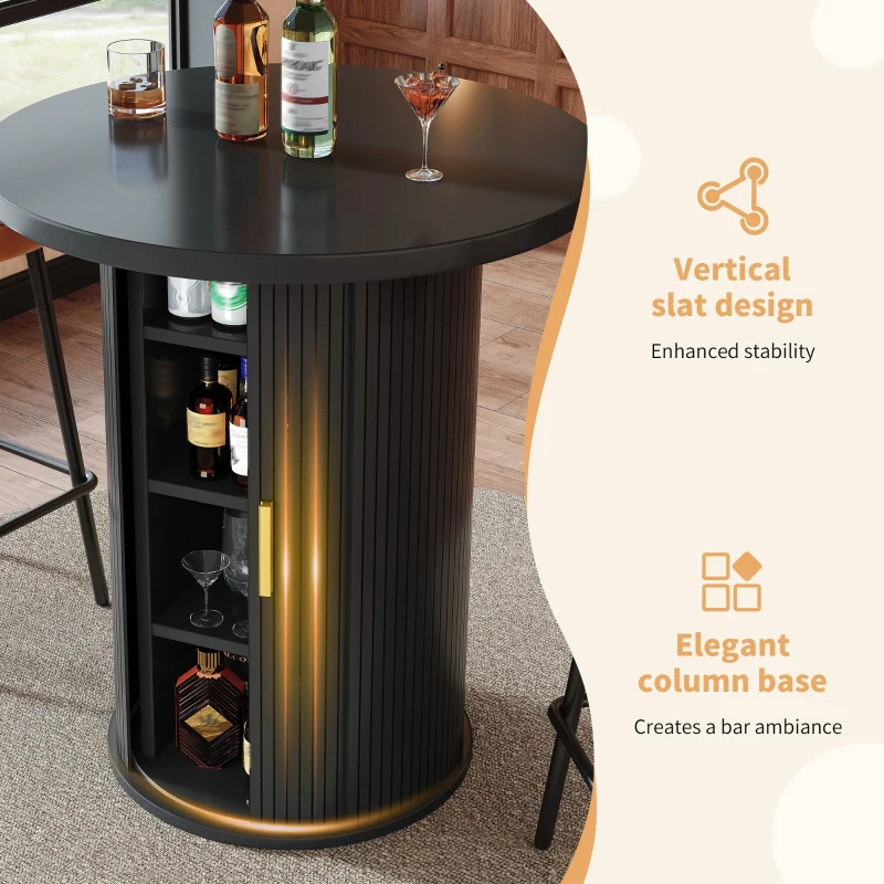 Round Bar Table with Metal Handles and Vertical-Slat Reinforced Body, Integrated Cabinet with Sliding Door, 60L x 60W x 91.5H cm, Black
