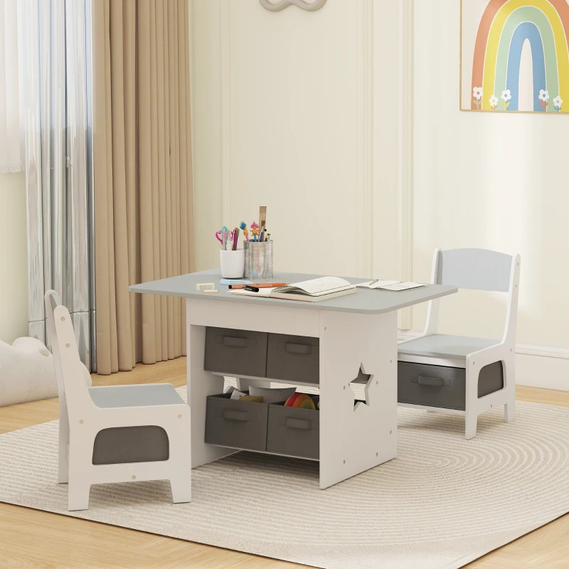 AIYAPLAY Kids Table and Chair Set, Toddler Table and 2 Chairs Set with 6 Removable Drawers, for Boys Girls Ages 3-8, Light Grey