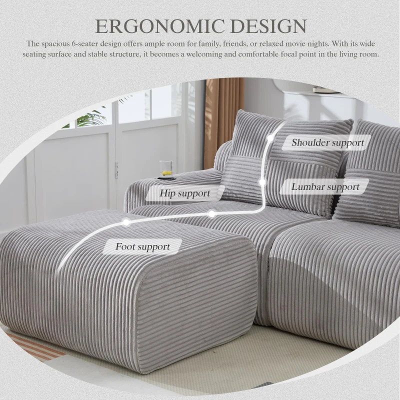 Modular 2-Seater Sofa with Foam-Filled Plush Seats, Light Grey Corduroy Couch with Built-In Cup Holder, 200L x 174W x 80H cm, Light Gray