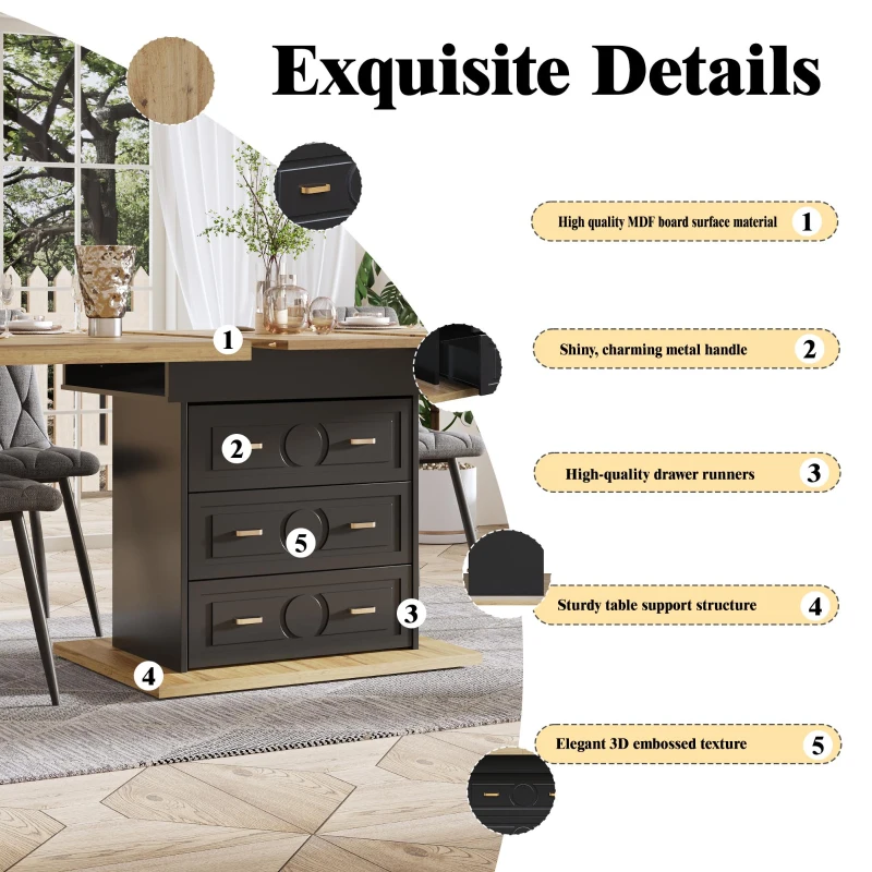 Extendable Dining Table with Wood-Grain High-Density MDF Top, Telescopic Kitchen Table with 2 Drawers, 110L x 80W x 75H cm, Black