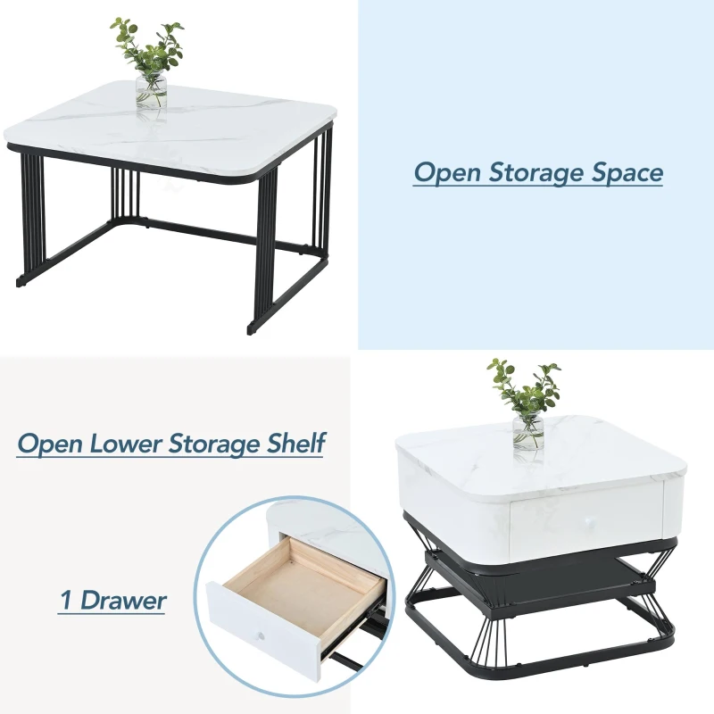 Nesting Coffee Table Set with Open Storage Shelf, Space-Saving Center Table Set with MDF Tops, 70L x 70W x 45H cm, White+Black
