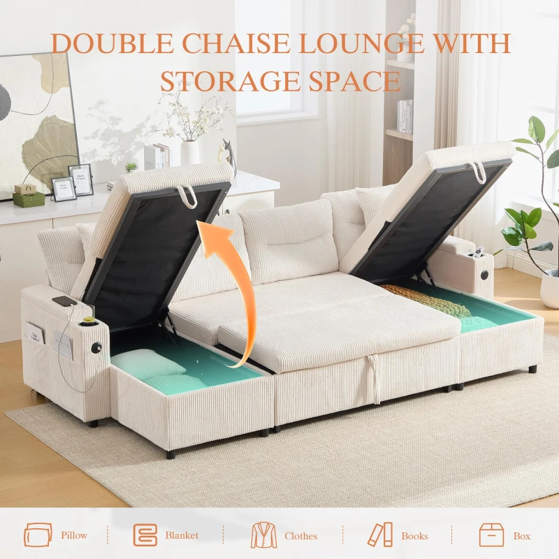 Contemporary 4-Seater Sofa with 2 Chaise Longues, Ribbed Corduroy Couch with Built-In Cup Holders, 272L x 136W x 86H cm, Beige