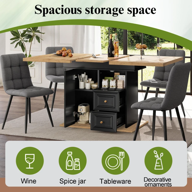 Concealed Telescopic Kitchen Table with High-Density MDF Tabletop, Extendable Dining Table with Built-In Leg Storage, 110L x 80W x 75H cm, Black