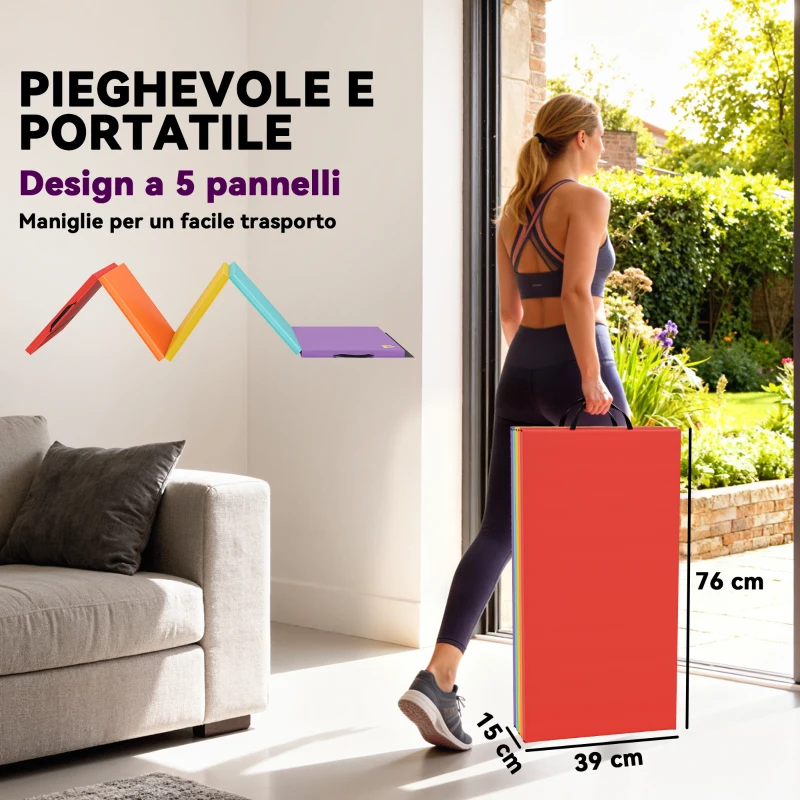 HOMCOM Tappetino Fitness per Palestra e Casa, 5 Pannelli Pieghevoli, 195x76x3cm