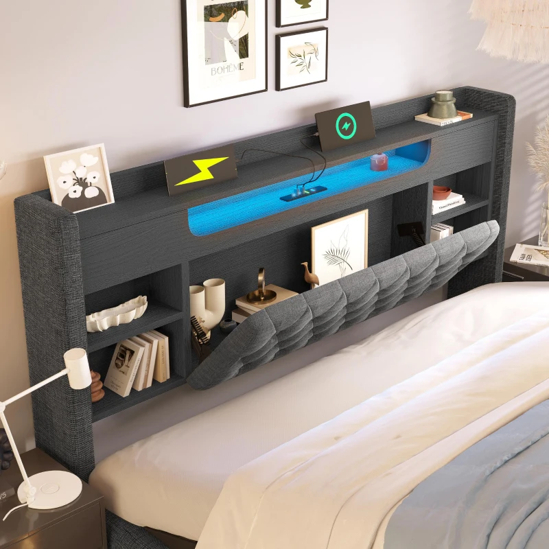 6ft Super King Upholstered Bed with Hydraulic Storage, Stylish Modern Bed Frame with Ambient LED Lighting, 223L x 188W x 115H cm, Grey
