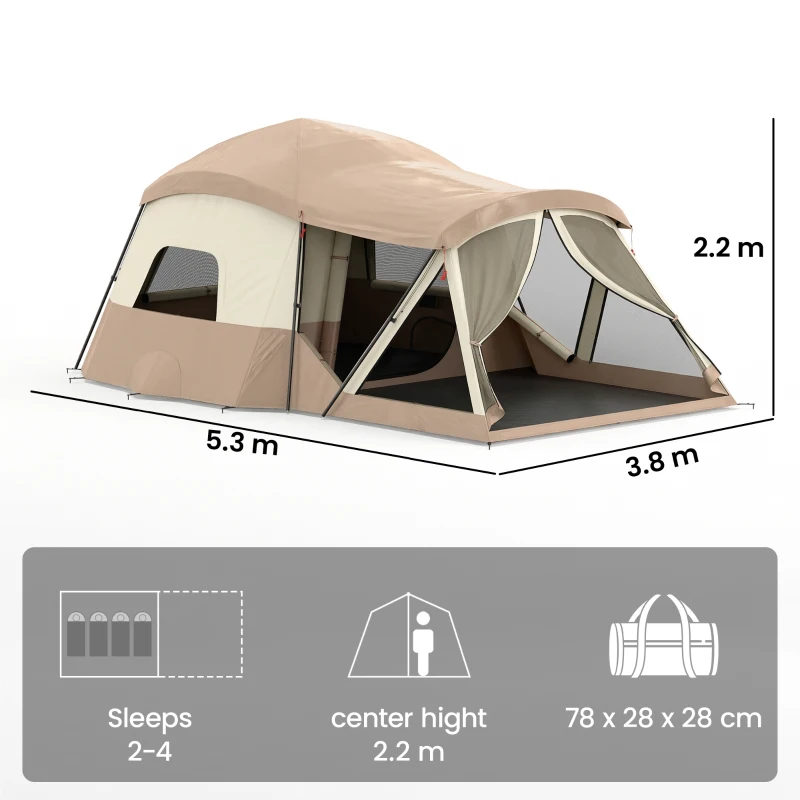 Outsunny Cabin Tent Waterproof Camping Tent with Two Room for 4 Person Brown