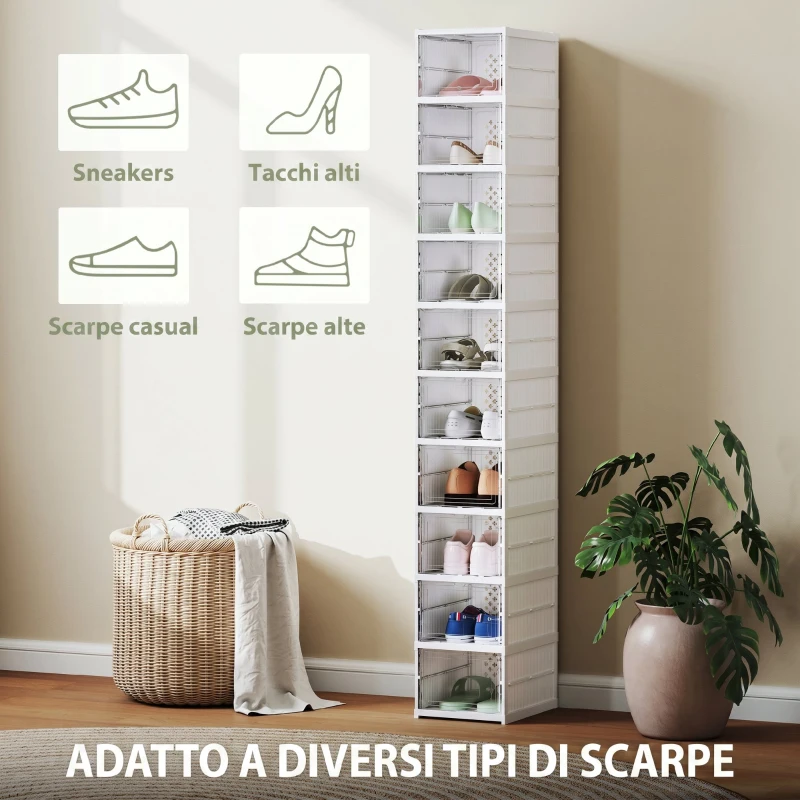 HOMCOM Scarpiera Pieghevole Slim Modulabile con 10 Contenitori per Scarpe, Scarpiera Salvaspazio con Pannello Trasparente, Senza Montaggio, Bianco