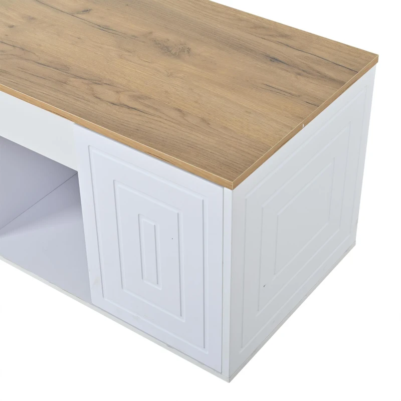 Height-Adjustable Coffee Table with Hydraulic Lift and Divided Shelves, Minimalist Center Table with Rounded Corners, 95L x 46W x 45H cm, White