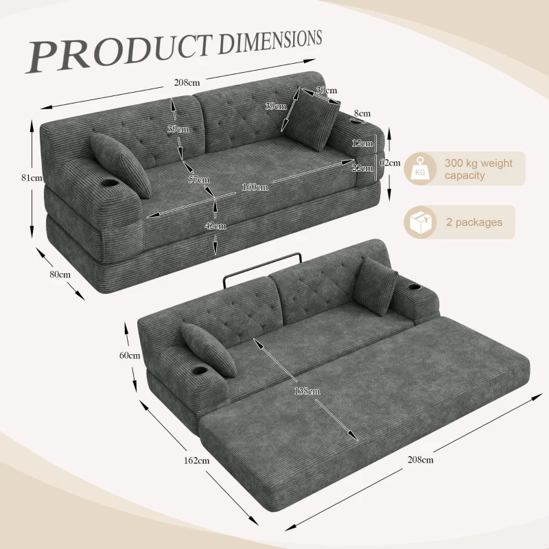 3-Seater Sleeper Sofa with Corduroy High-Back and High-Density Foam, Space-Saving Sofa Bed with 4 Side Pockets, 208L x 80W x 81H cm, Dark Gray