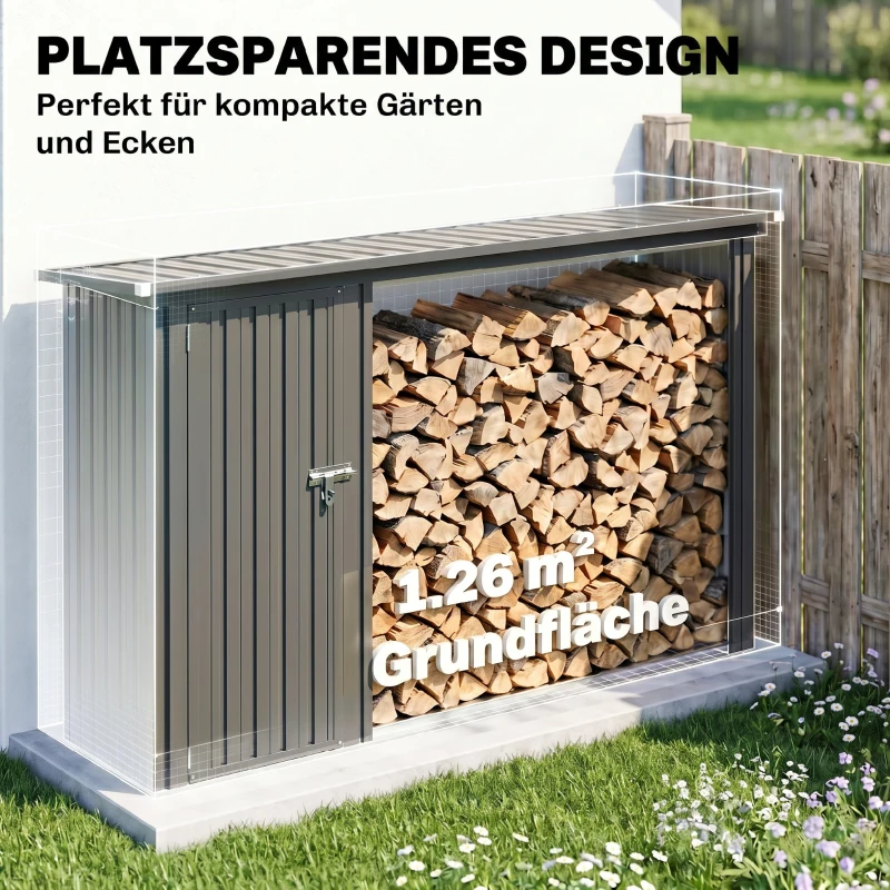 Outsunny 2-in-1 Kaminholzregal Außen verzinkter Stahl 235 x 67 x 149 cm Brennholzregal mit Geräteschrank Schrägdach Dunkelgrau