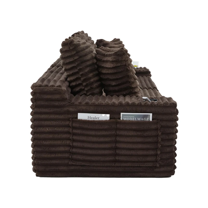 Convertible Sofa Bed with High Backrest and Extra Pillow, Ribbed Corduroy Couch with Dual Side Pockets, 107.5L x 38.5W x 34H cm, Coffee