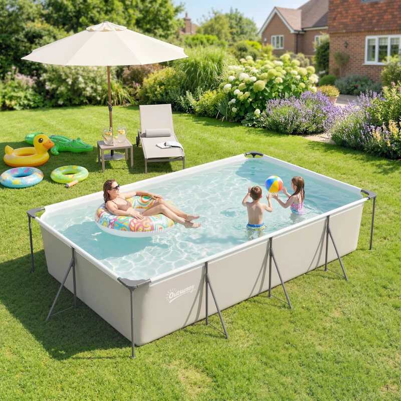 Outsunny Piscine Tubulaire Rectangulaire Piscine Hors Sol Nouvelle Structure Stable Antirouille 394,5x208,3x80,5cm Gris