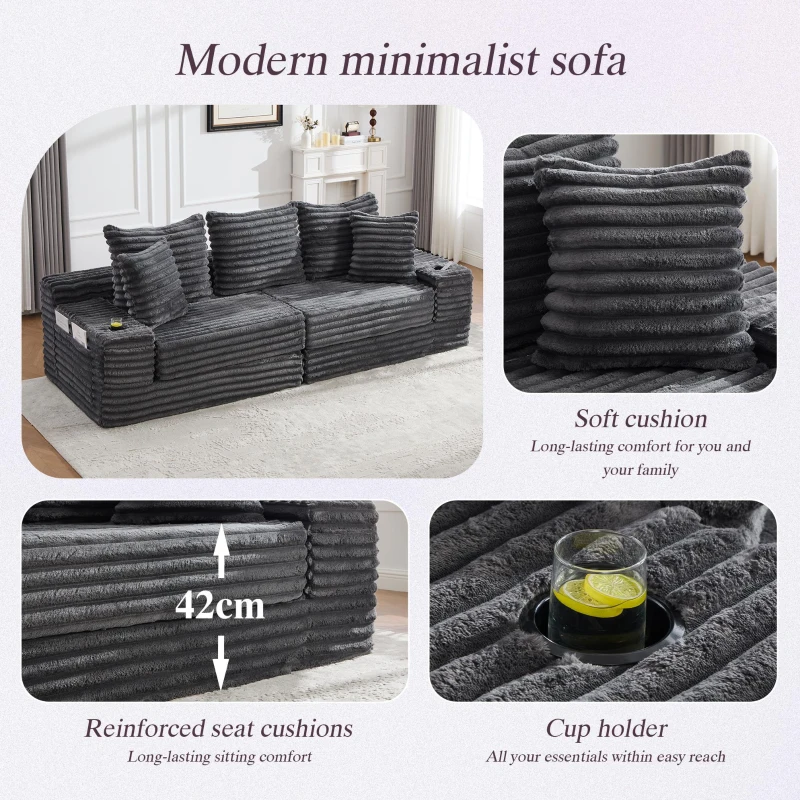Convertible Sofa Bed with High Backrest and Extra Pillow, Ribbed Corduroy Couch with Dual Side Pockets, 107.5L x 38.5W x 34H cm, Dark Gray