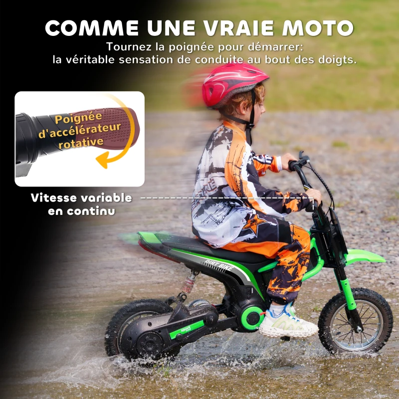 HOMCOM Moto cross électrique enfant moto électrique enfants moteur 350 W batterie 12V 8-16 km/h pneus gonflables 12'' vert