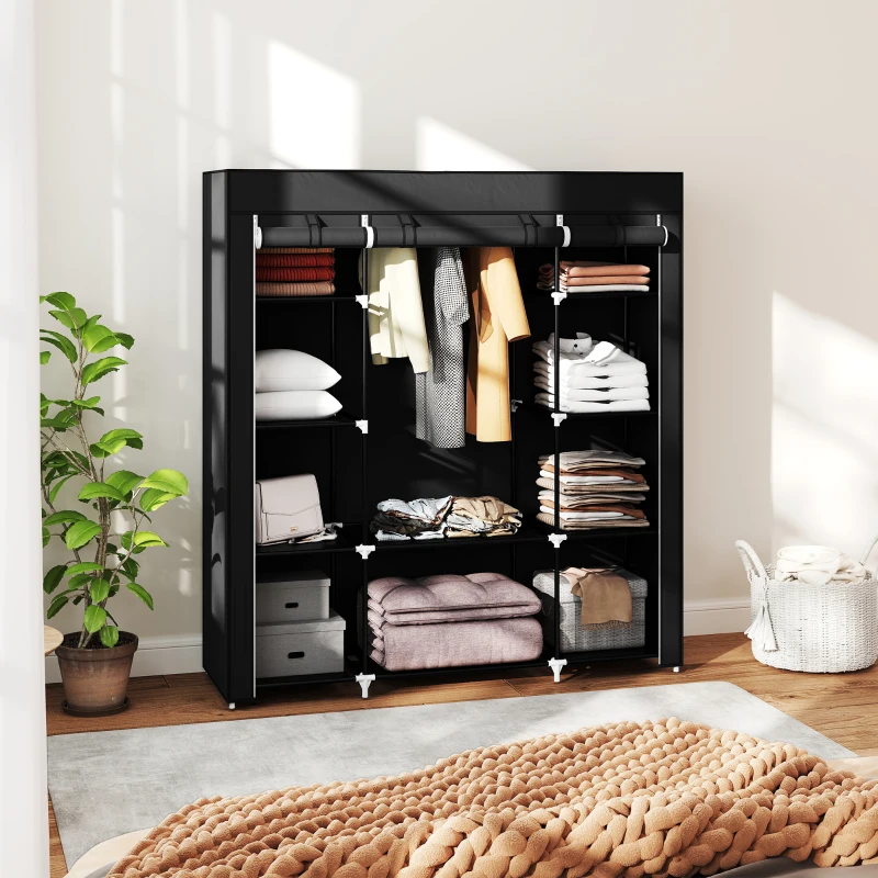 HOMCOM Stoffschrank aus Vlies, Faltschrank, 1 Kleiderstange, 9 Regale, 150 cm x 43 cm x 162,5 cm, Schwarz