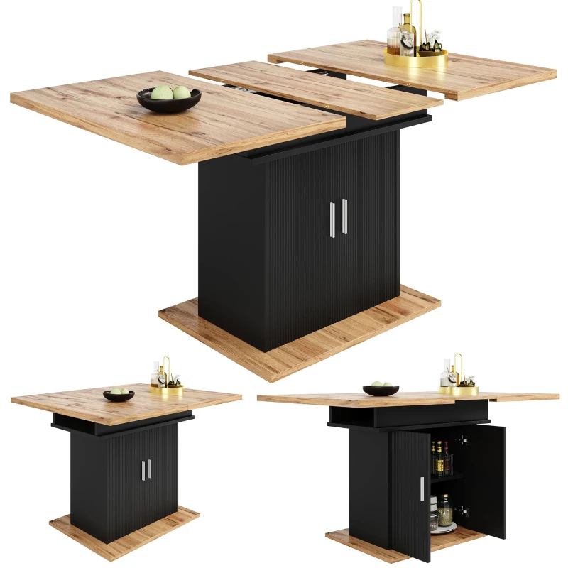 Extendable Dining Table with Space-Saving Telescopic Design, Durable Extension Table with Built-In Storage Shelves, 140L x 70W x 76H cm, Black