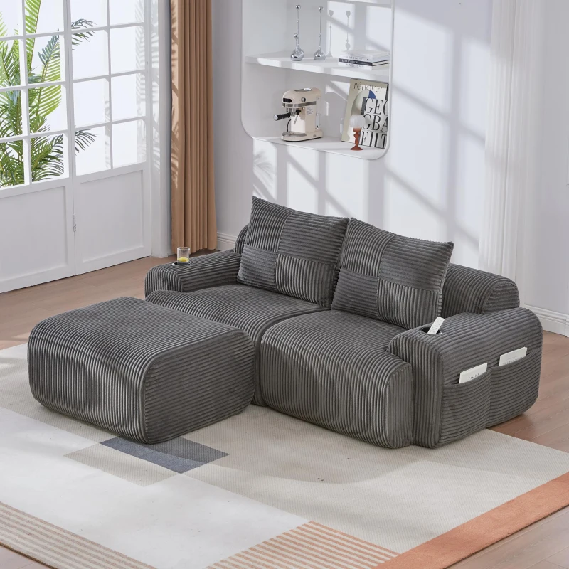 Modular 2-Seater Sofa with Foam-Filled Plush Seats, Dark Grey Corduroy Couch with Built-In Cup Holder, 200L x 174W x 80H cm, Dark Gray