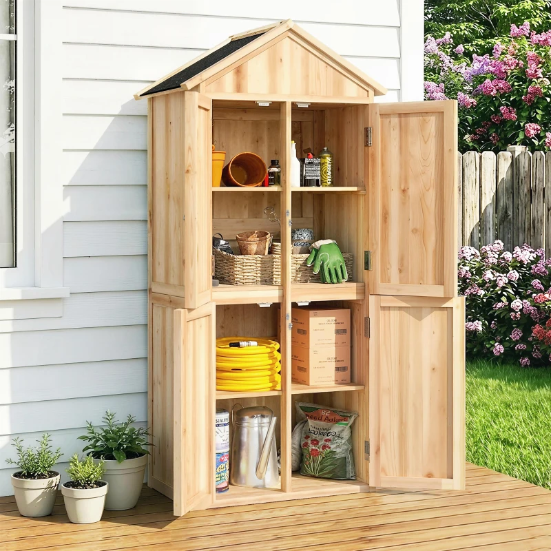 Outsunny Armoire de Jardin en Bois Abri à Outils Rangement Extérieur Toit en Pointe en Asphalte 82x50x190cm Bois Naturel